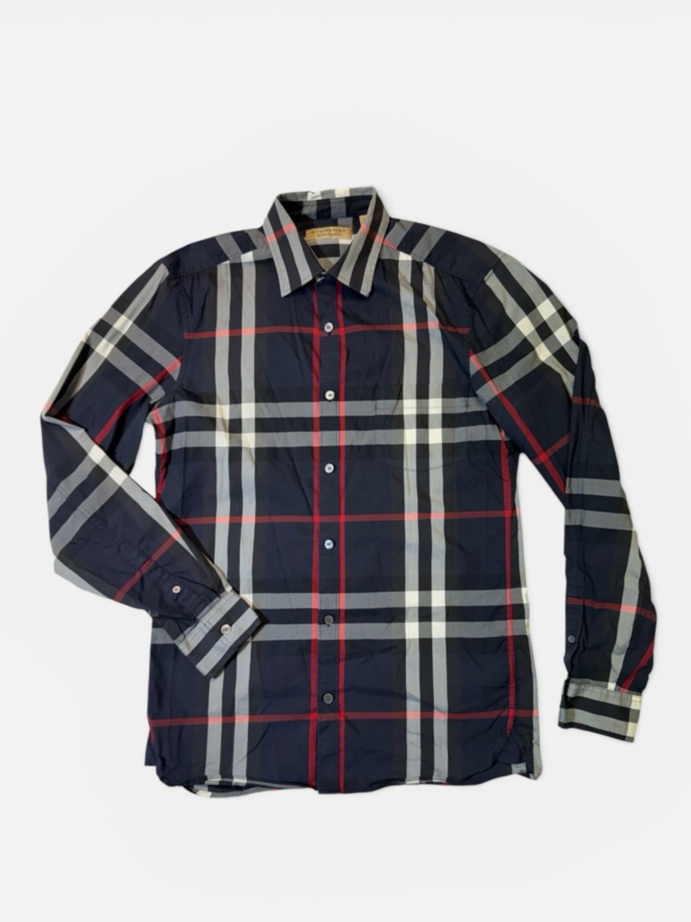 Burberry mens S Small navy blue nova check plaid slim fit button up shirt EUC